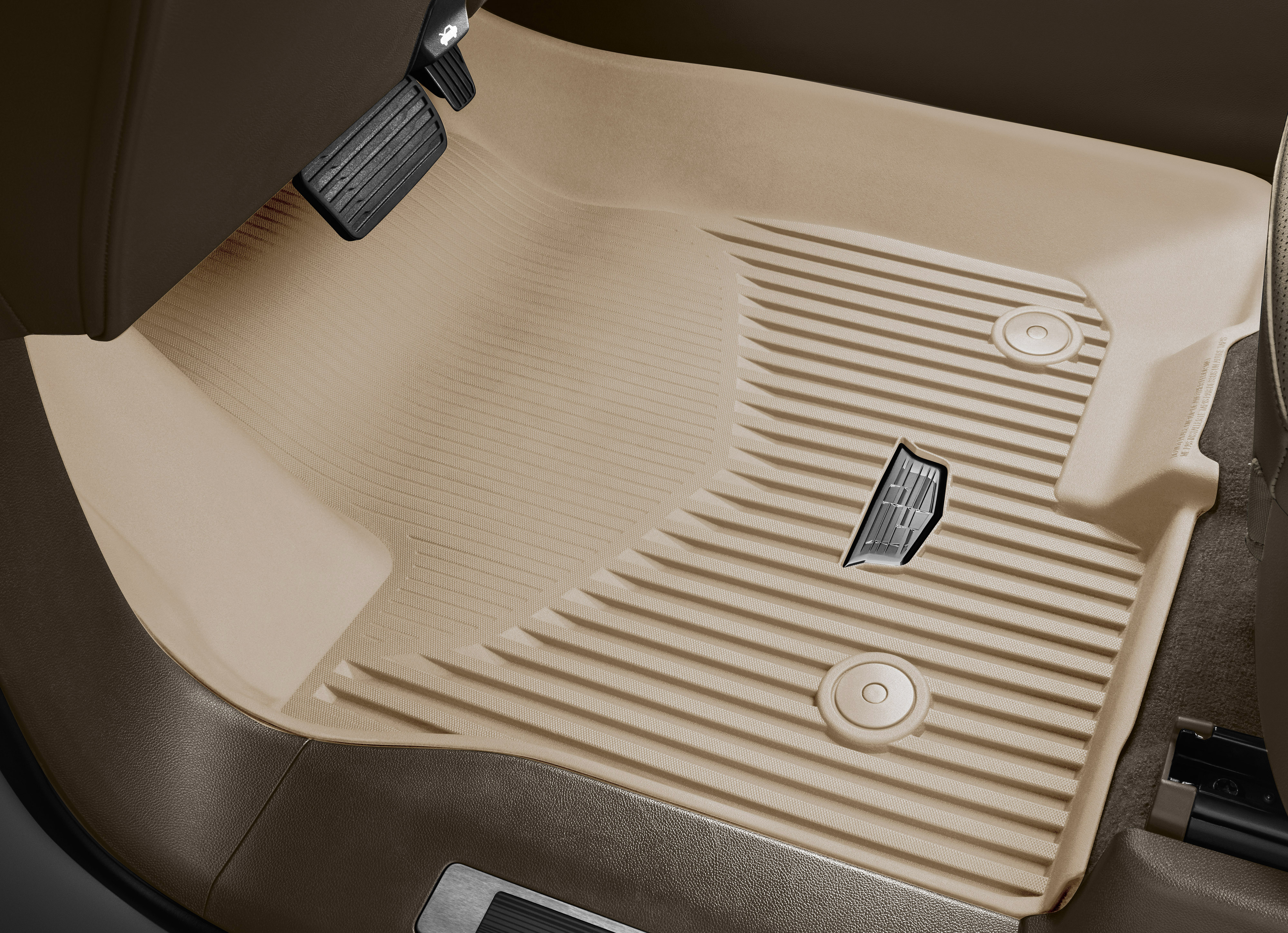 First-Row Premium All-Weather Floor Liners in Parchment with Cadillac Logo