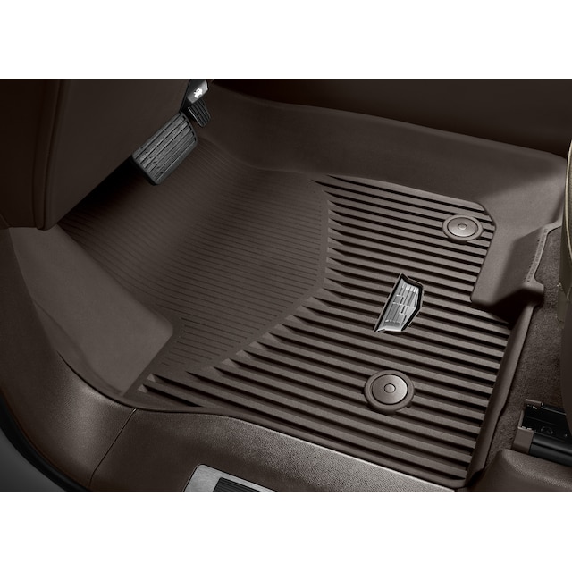 First-Row Premium All-Weather Floor Liners in Very Dark Atmosphere with Cadillac Logo