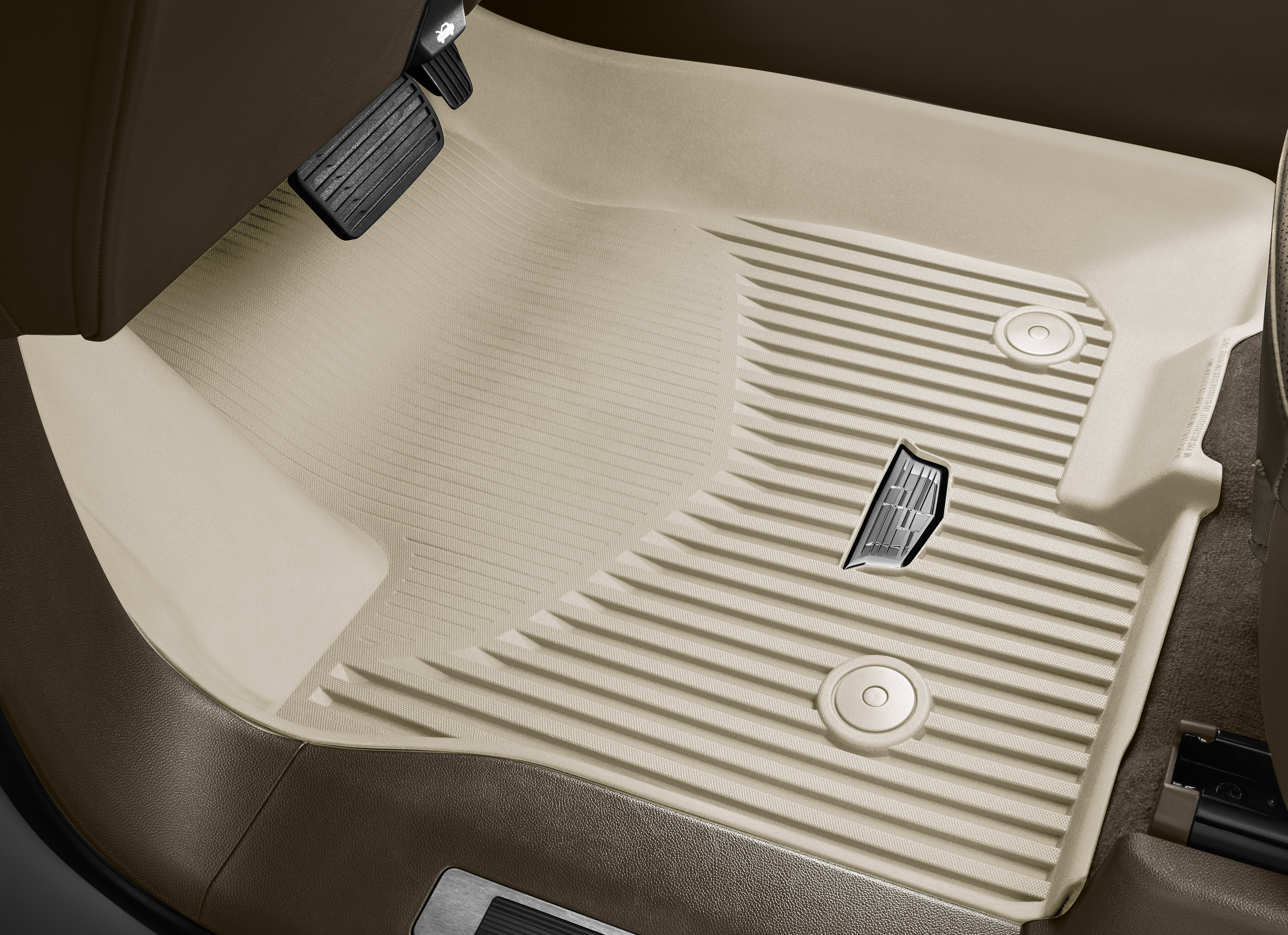 First-Row Premium All-Weather Floor Liners in Whisper Beige with Cadillac Logo
