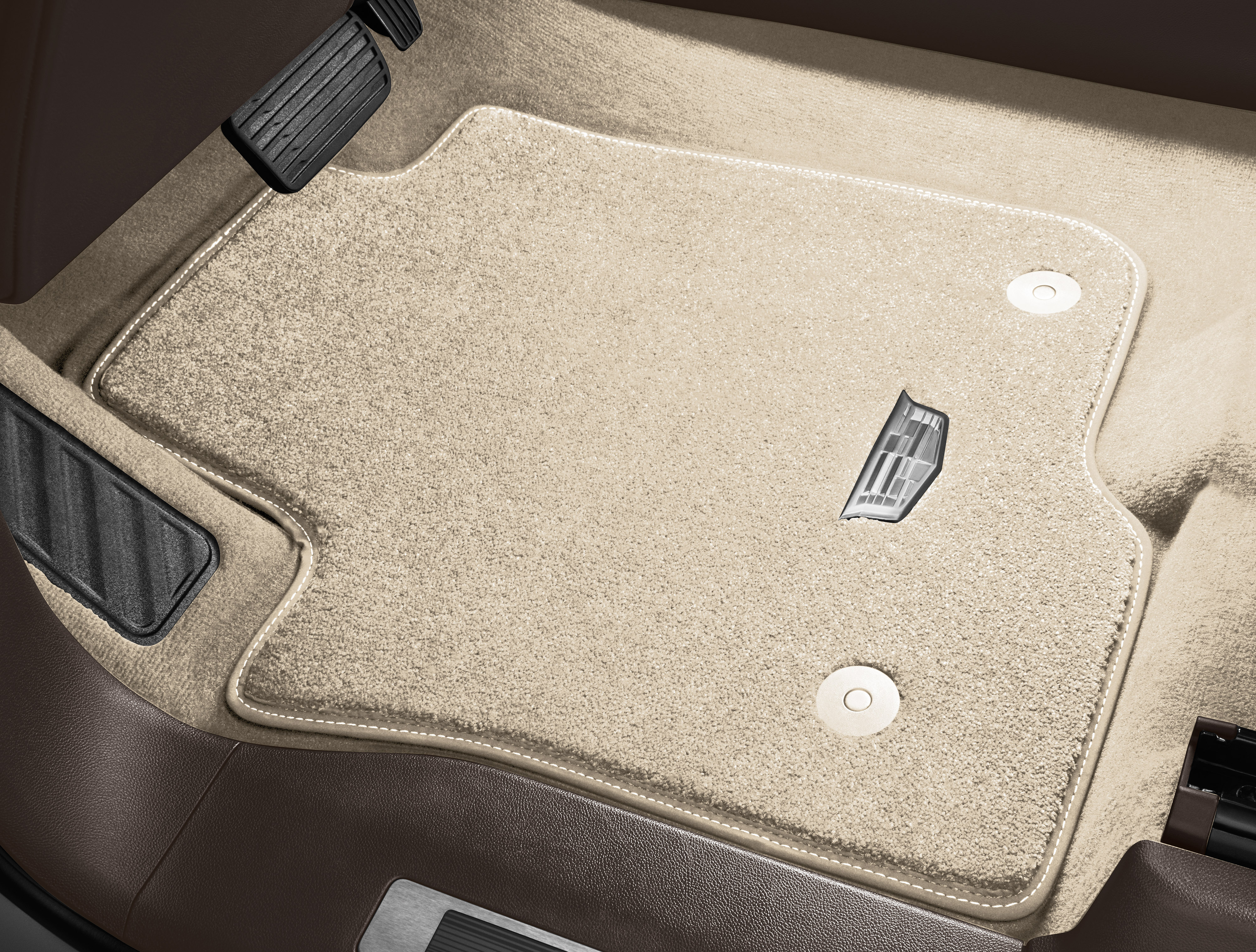 First- and Second-Row Premium Carpeted Floor Mats in Parchment with Cadillac Logo