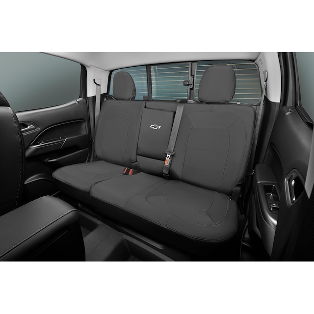 Colorado Protective Crew Cab Rear Seat Cover Set in Jet Black with Bowtie Logo (for Vehicles with Armrest)