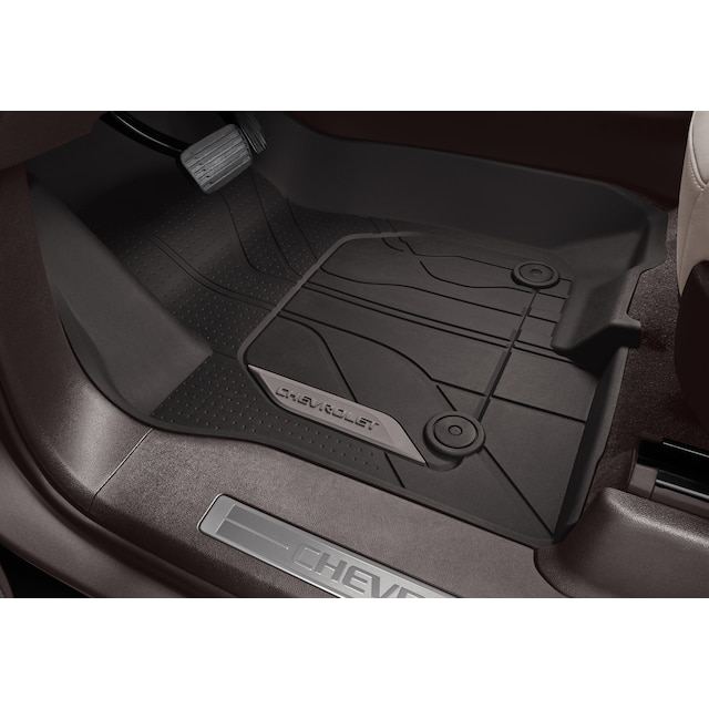 First-Row Premium All-Weather Floor Liners in Very Dark Atmosphere with Chevrolet Script