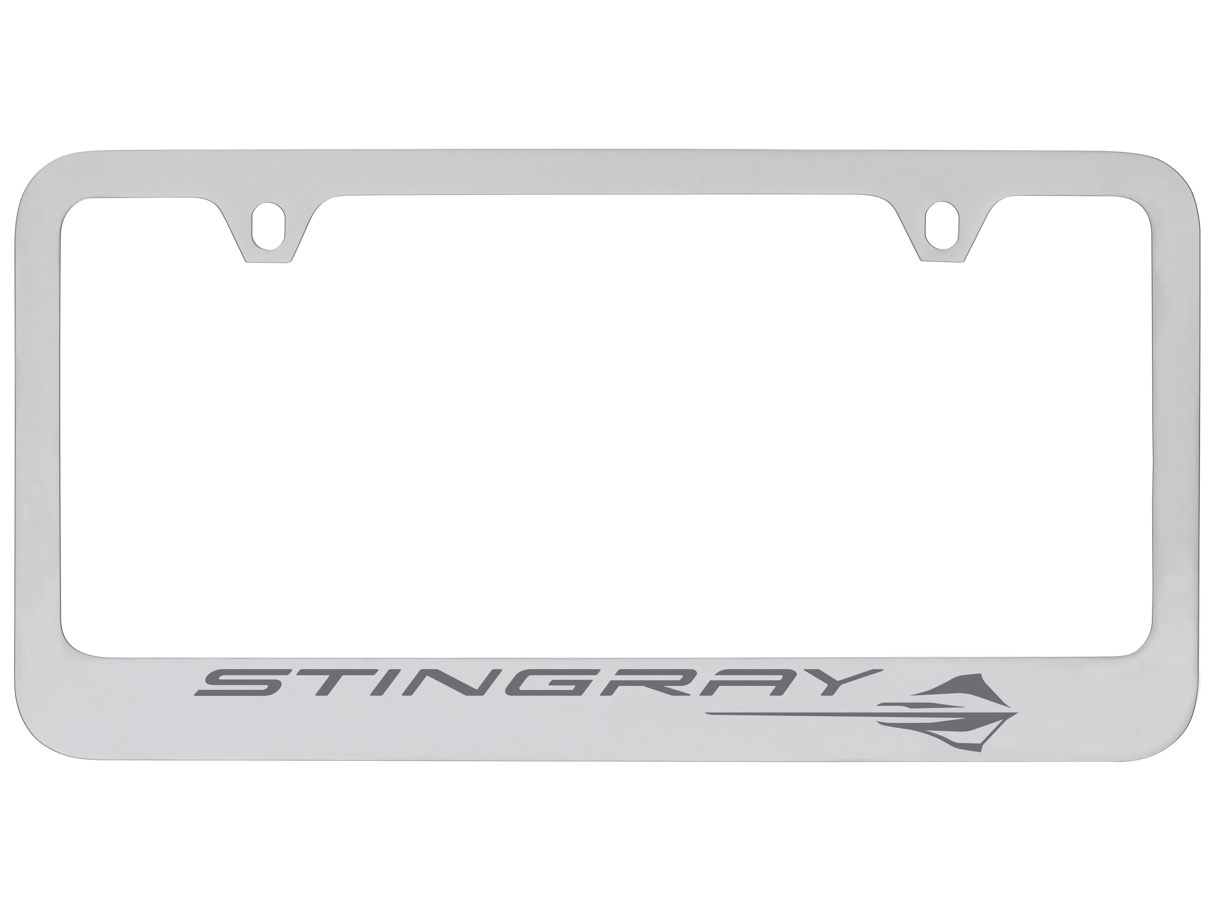License Plate Frame in Satin Chrome with Engraved Corvette Stingray Logo in Dark Charcoal Gray Epoxy fill by Baron & Baron® - Associated Accessories