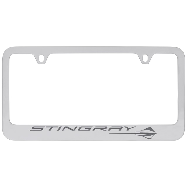 License Plate Frame in Satin Chrome with Engraved Corvette Stingray Logo in Dark Charcoal Gray Epoxy fill by Baron & Baron® - Associated Accessories