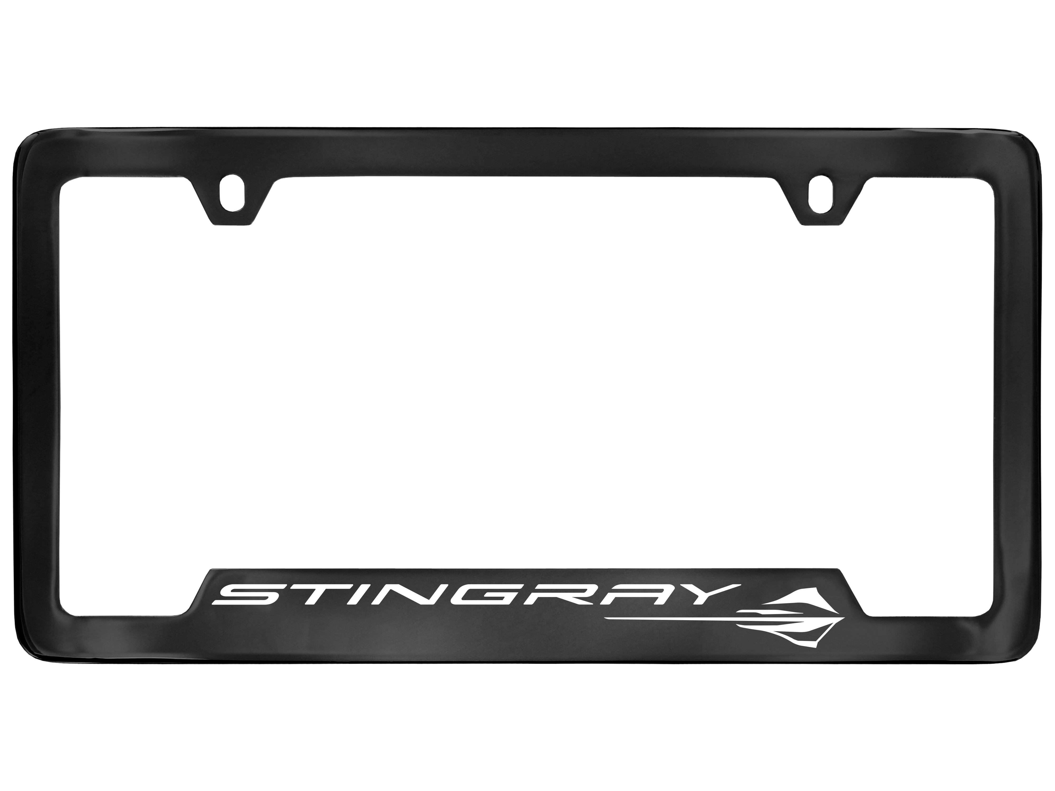 License Plate Frame in Black with Engraved Corvette Stingray Logo in White by Baron & Baron® - Associated Accessories