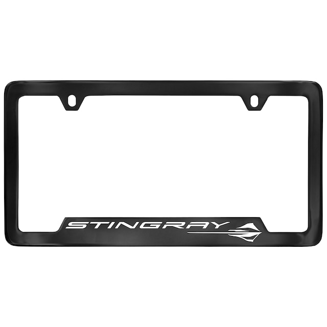 License Plate Frame in Black with Engraved Corvette Stingray Logo in White by Baron & Baron® - Associated Accessories