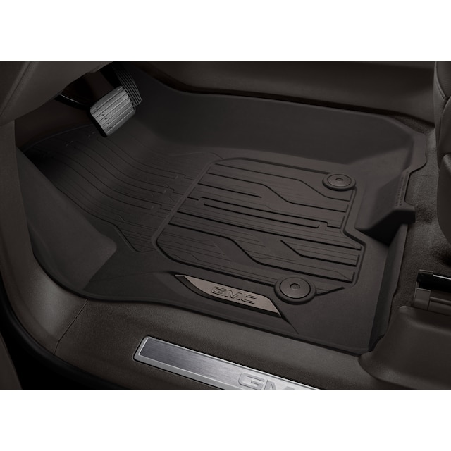 First-Row Premium All-Weather Floor Liners in Very Dark Atmosphere with GMC Logo