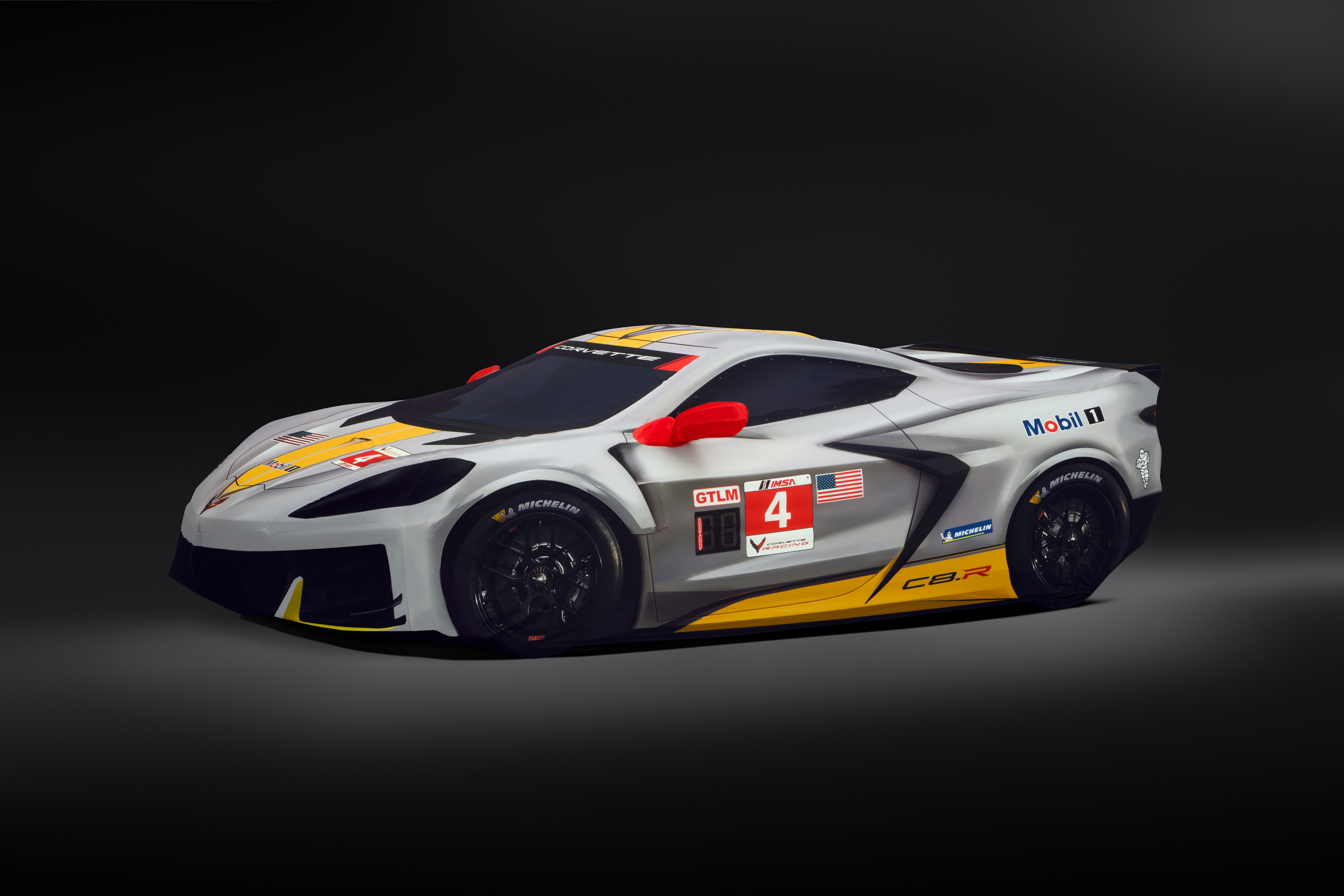 Premium Indoor Car Cover in Gray with Fully Rendered Corvette C8.R (for models with High Wing Spoiler)