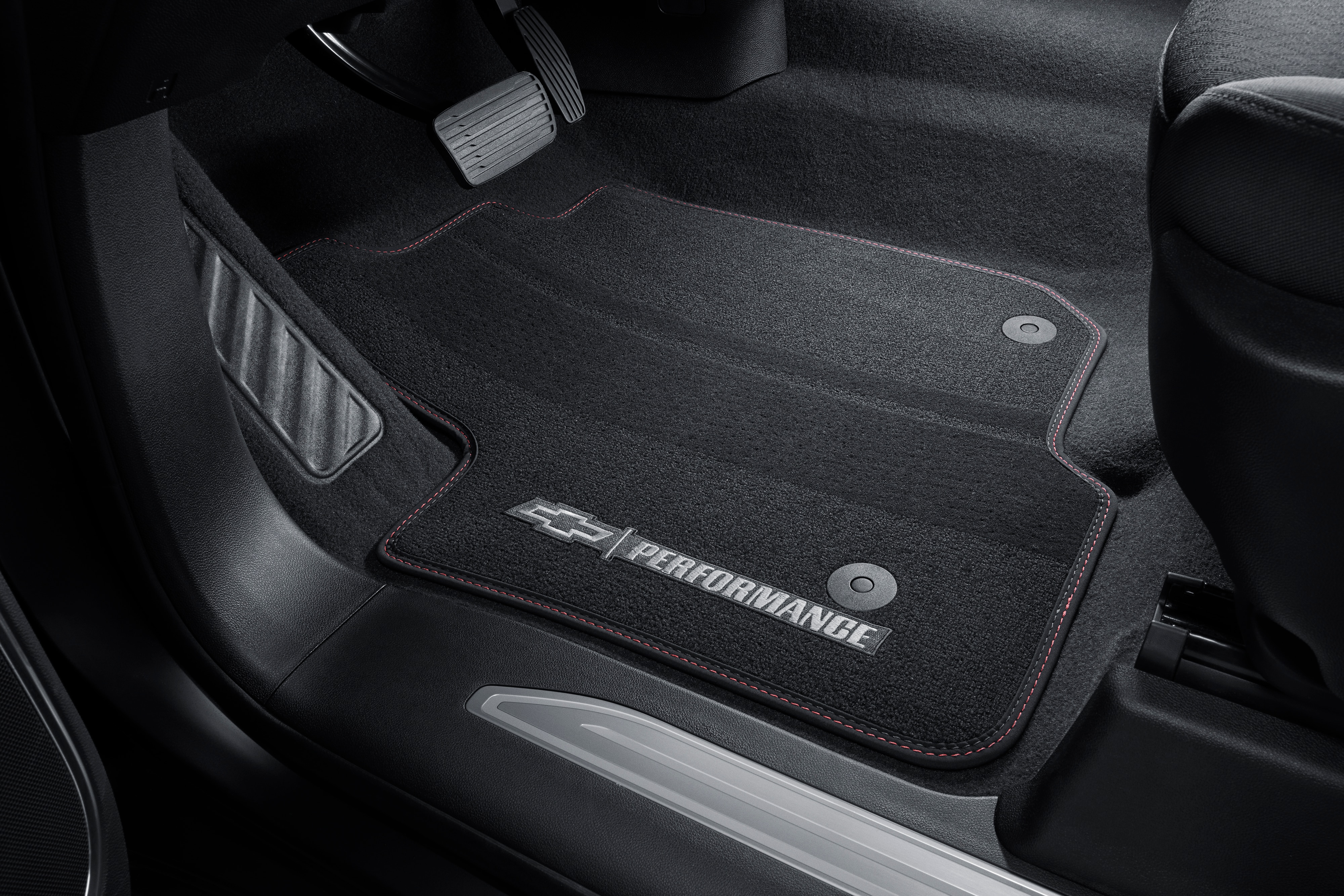 Crew Cab First- and Second-Row Premium Carpeted Floor Mats in Jet Black with Red Stitching, Bowtie and Chevrolet Performance Script