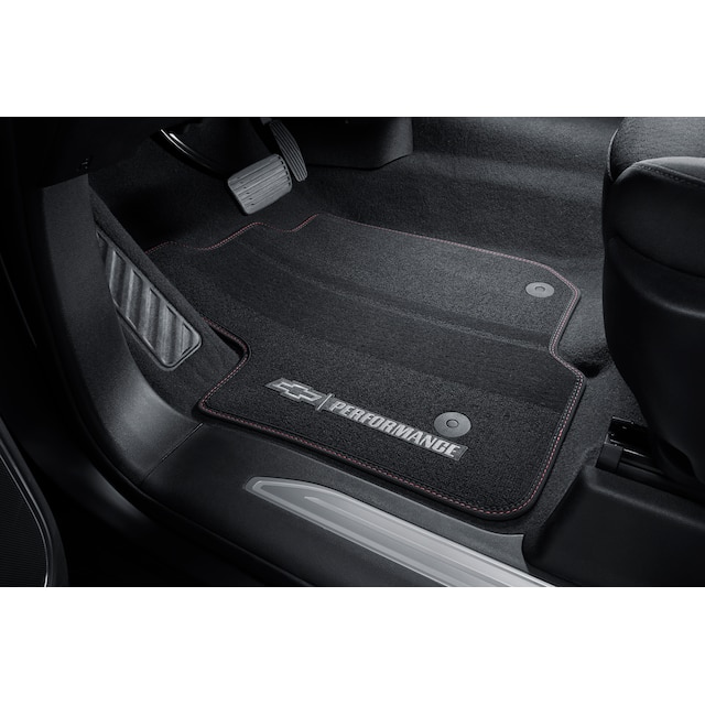 Crew Cab First- and Second-Row Premium Carpeted Floor Mats in Jet Black with Red Stitching, Bowtie and Chevrolet Performance Script