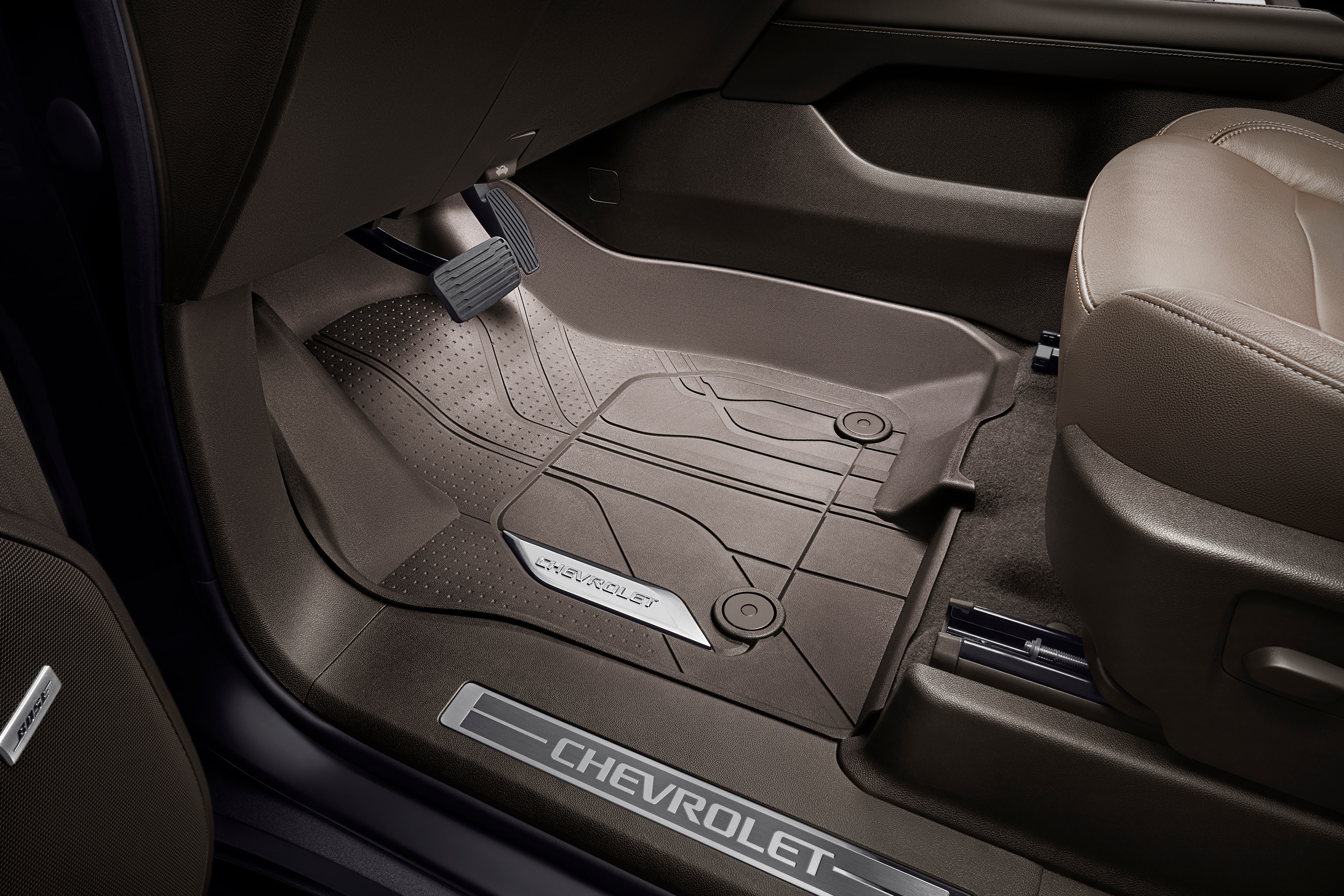 First-Row Premium All-Weather Floor Liners in Very Dark Atmosphere with Chrome Bowtie Logo