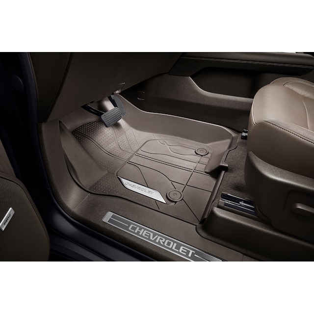 First-Row Premium All-Weather Floor Liners in Very Dark Atmosphere with Chrome Bowtie Logo