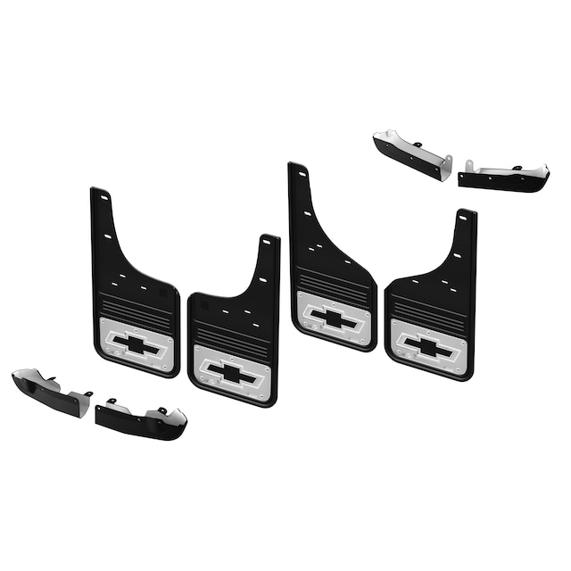 Front and Rear Rubber No-Drill Gatorback Mud Flap Kit with Silver Outlined Black Chevrolet Bowtie Logo (for Single Rear Wheel Models) by Truck Hardware - Associated Accessories