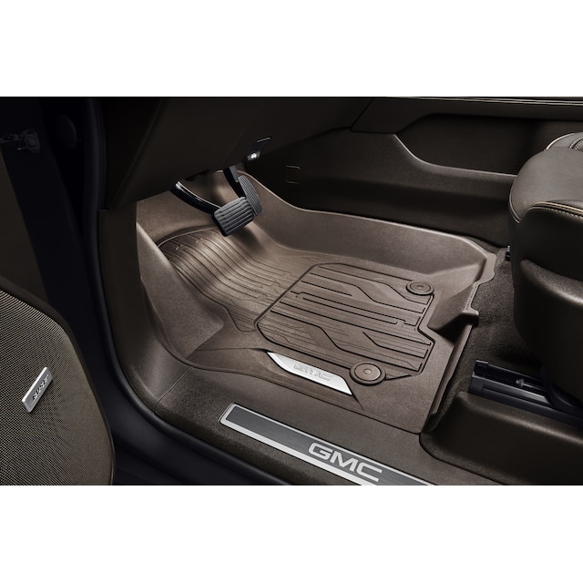 First-Row Premium All-Weather Floor Liners in Very Dark Atmosphere with Chrome GMC Logo