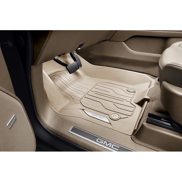 First-Row Premium All-Weather Floor Liners in Teak with Chrome GMC Logo