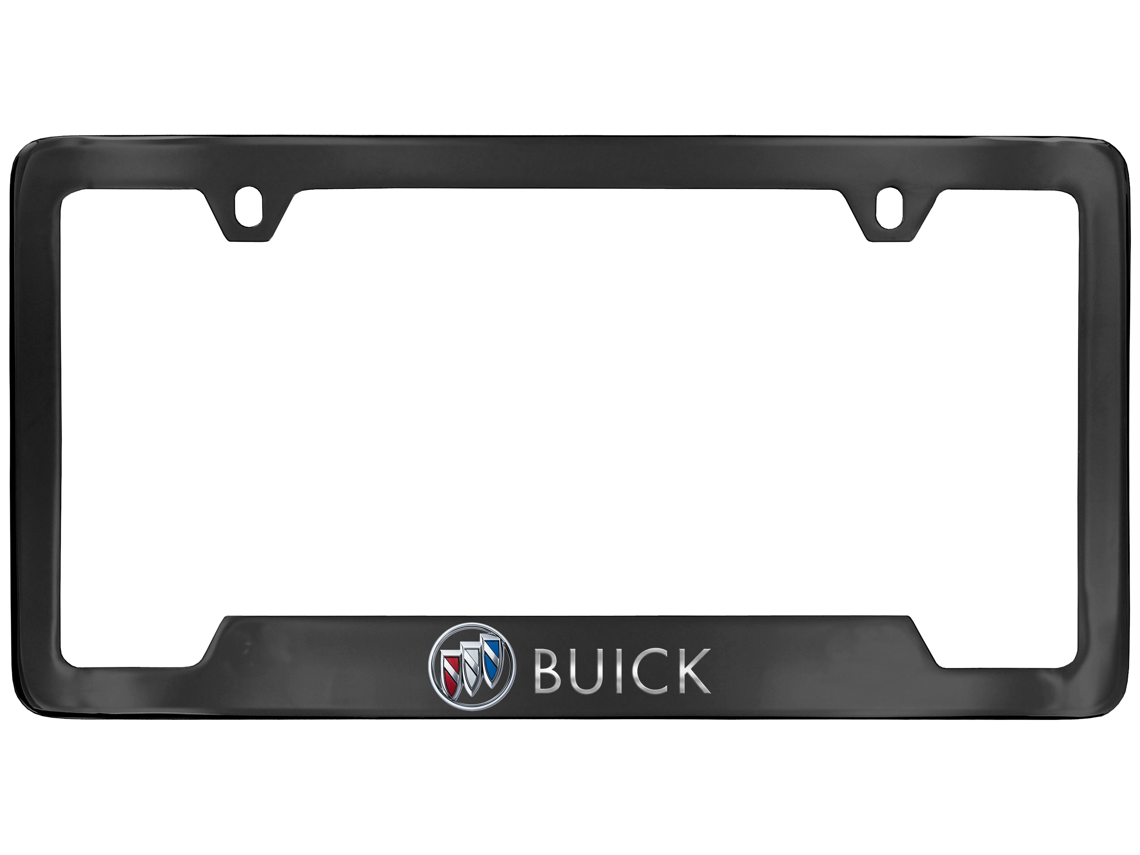 License Plate Frame in Black Powder Coated Zinc with Buick Logo and Script in Chrome and Valve Stem Caps with Buick Logo by Baron & Baron® - Associated Accessories