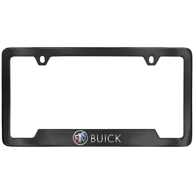 License Plate Frame in Black Powder Coated Zinc with Buick Logo and Script in Chrome and Valve Stem Caps with Buick Logo by Baron & Baron® - Associated Accessories