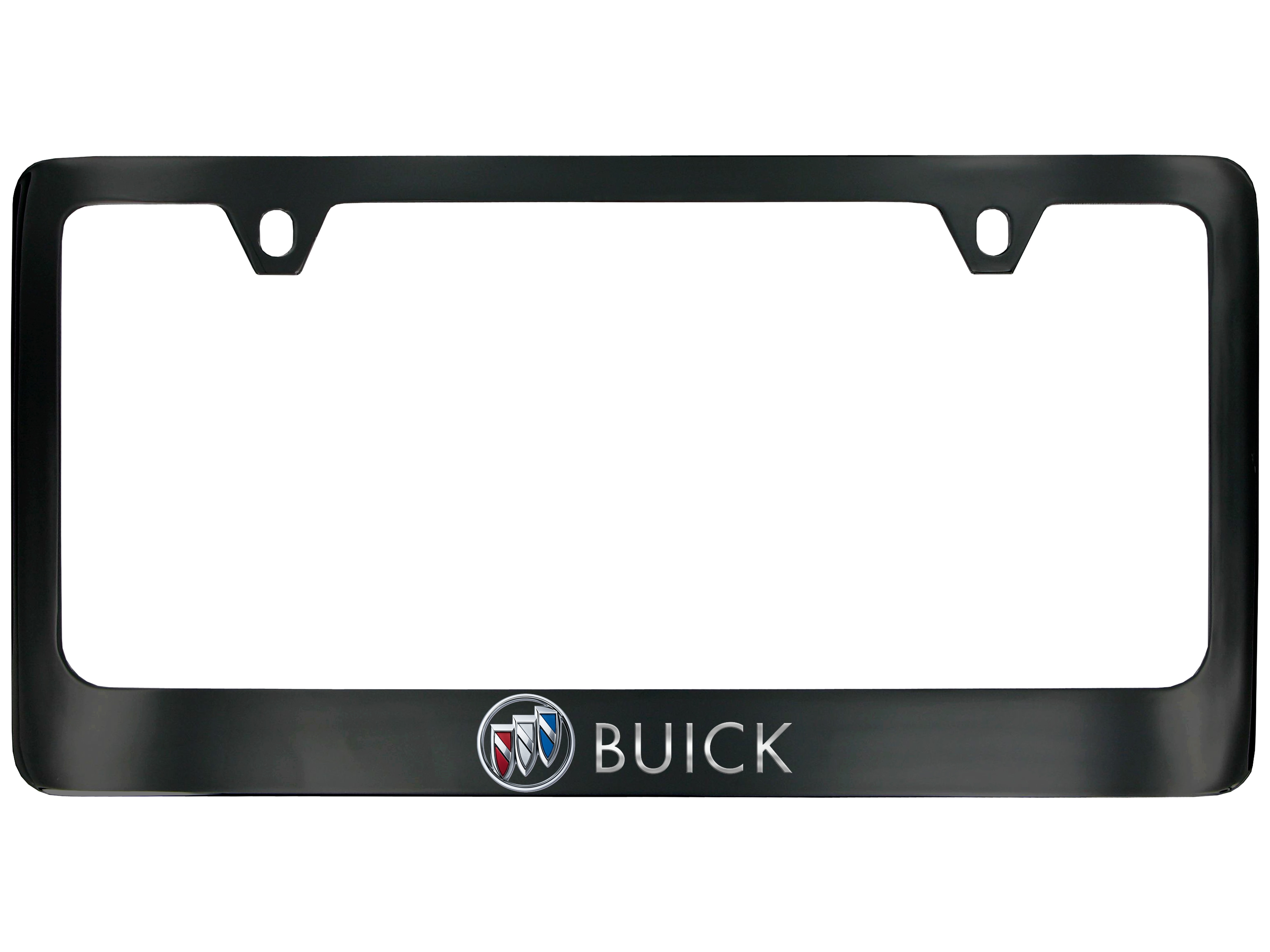 Wide Bottom License Plate Frame in Black Powder Coated Zinc with Buick Logo and Script in Chrome and Valve Stem Caps with Buick Logo by Baron & Baron® - Associated Accessories