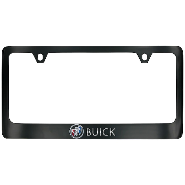 Wide Bottom License Plate Frame in Black Powder Coated Zinc with Buick Logo and Script in Chrome and Valve Stem Caps with Buick Logo by Baron & Baron® - Associated Accessories