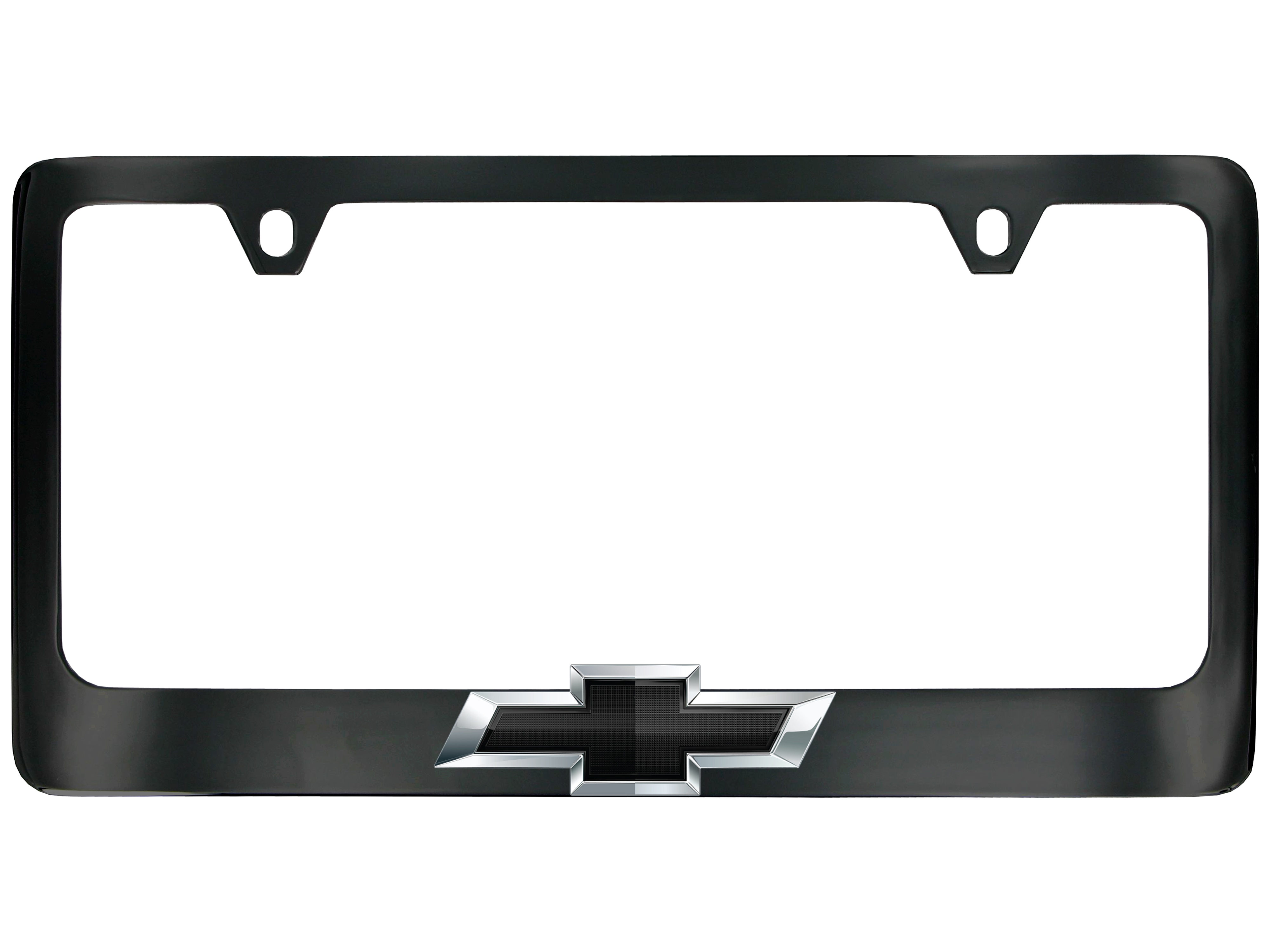 Wide Bottom License Plate Frame in Black Powder Coated Zinc with 3D Chevrolet Bowtie and Valve Stem Caps by Baron & Baron® - Associated Accessories