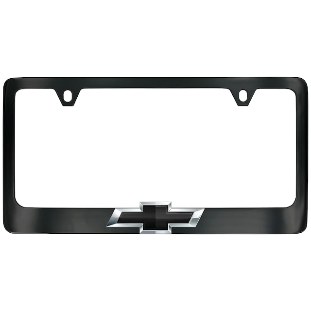 Wide Bottom License Plate Frame in Black Powder Coated Zinc with 3D Chevrolet Bowtie and Valve Stem Caps by Baron & Baron® - Associated Accessories