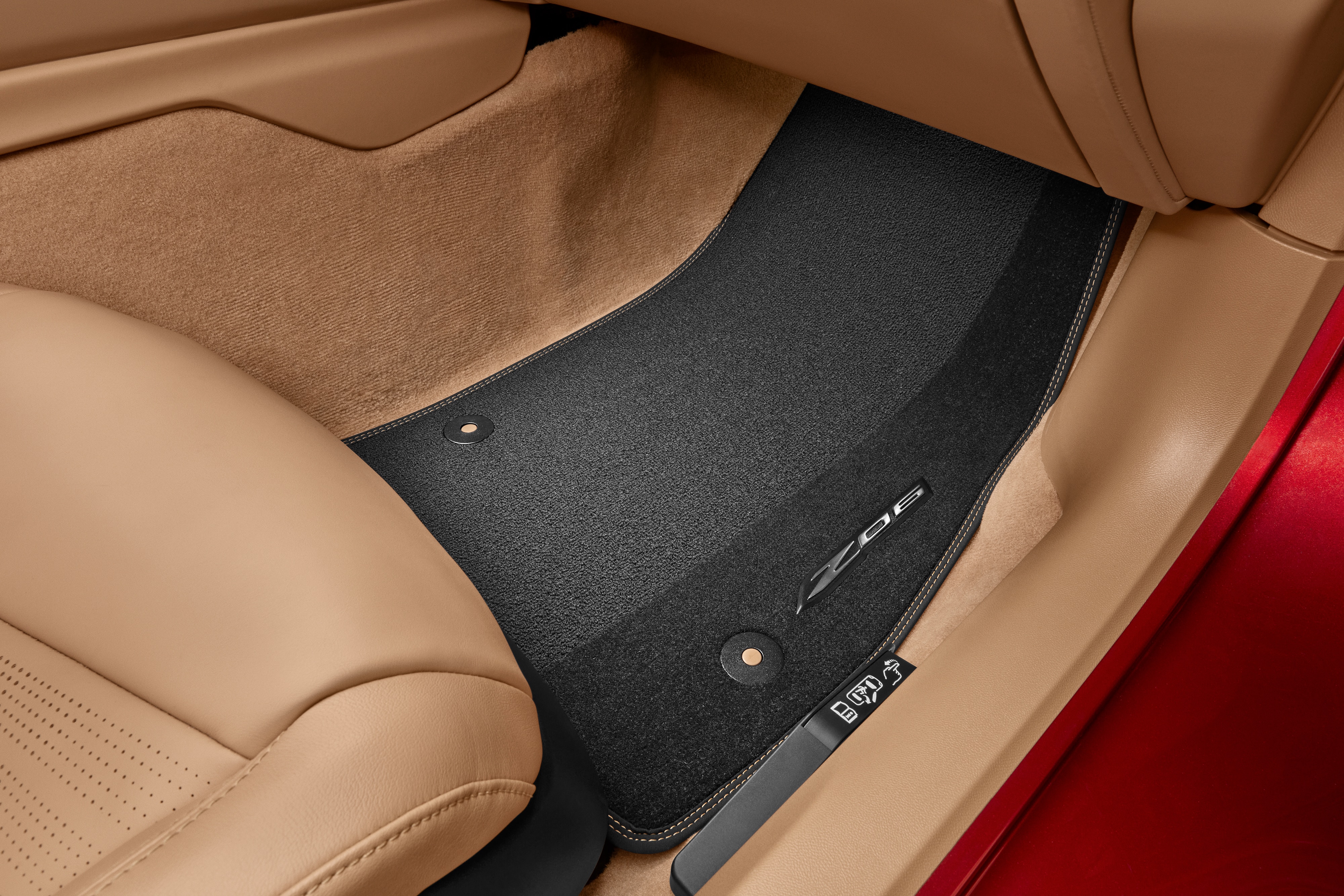 First-Row Premium Carpeted Floor Mats in Jet Black with Natural Tan Stitching and Z06 Script