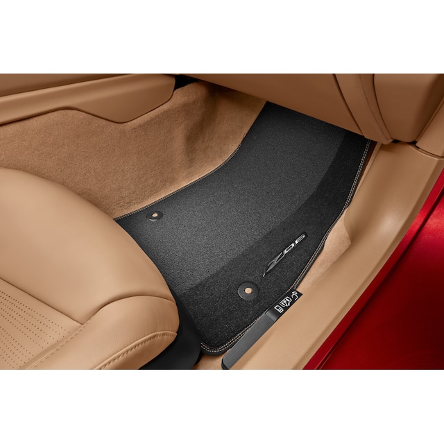 First-Row Premium Carpeted Floor Mats in Jet Black with Natural Tan Stitching and Z06 Script