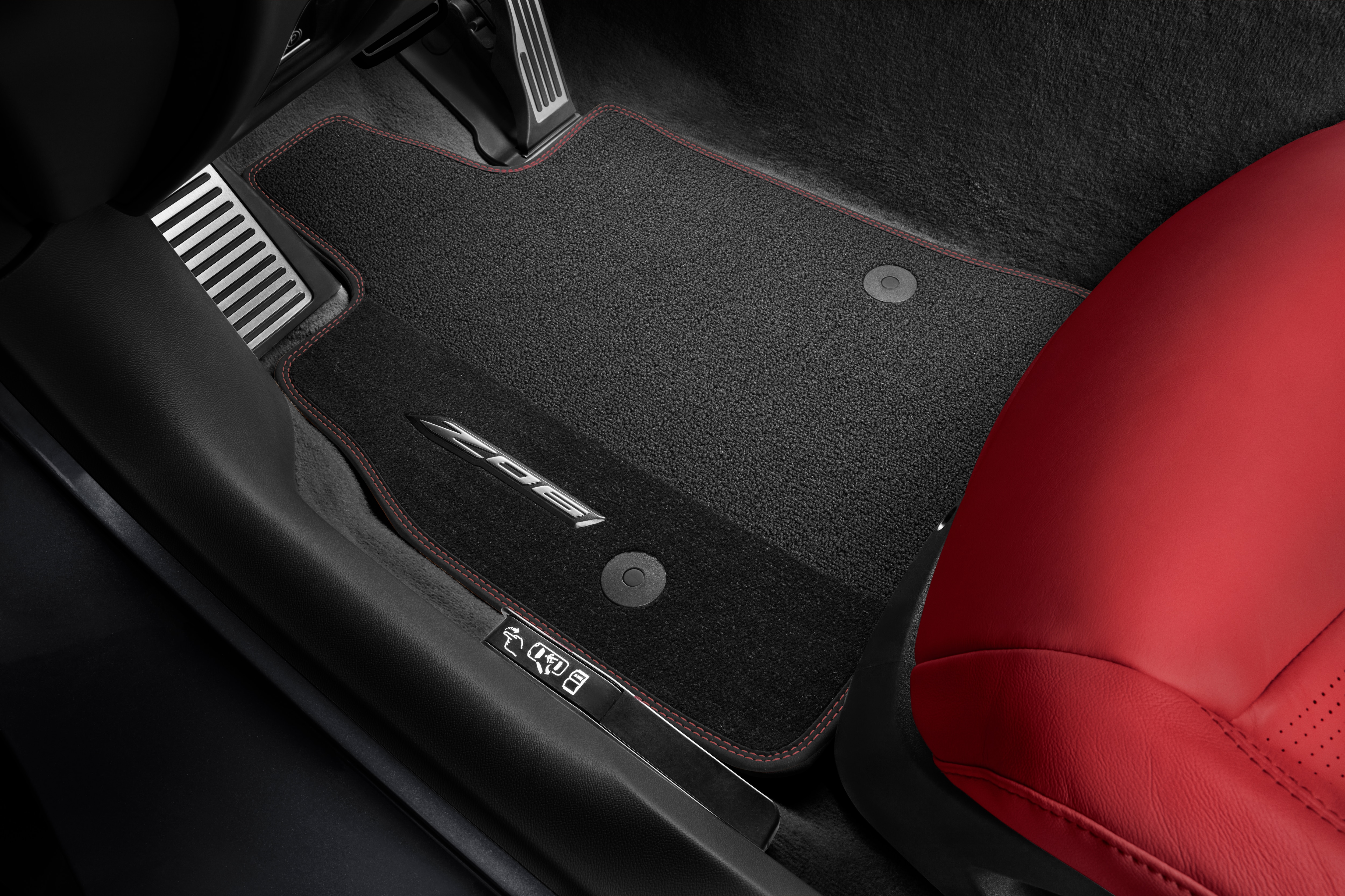 First-Row Premium Carpeted Floor Mats in Jet Black with Torch Red Stitching and Z06 Script