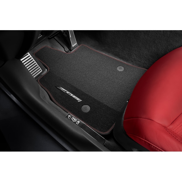 First-Row Premium Carpeted Floor Mats in Jet Black with Torch Red Stitching and Z06 Script