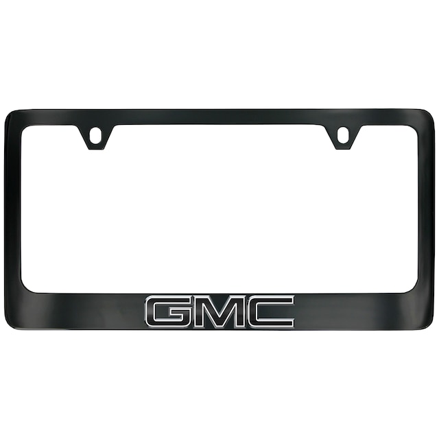 Wide Bottom License Plate Frame in Black Powder Coated Zinc with GMC Logo and Valve Stem Caps by Baron & Baron® - Associated Accessories