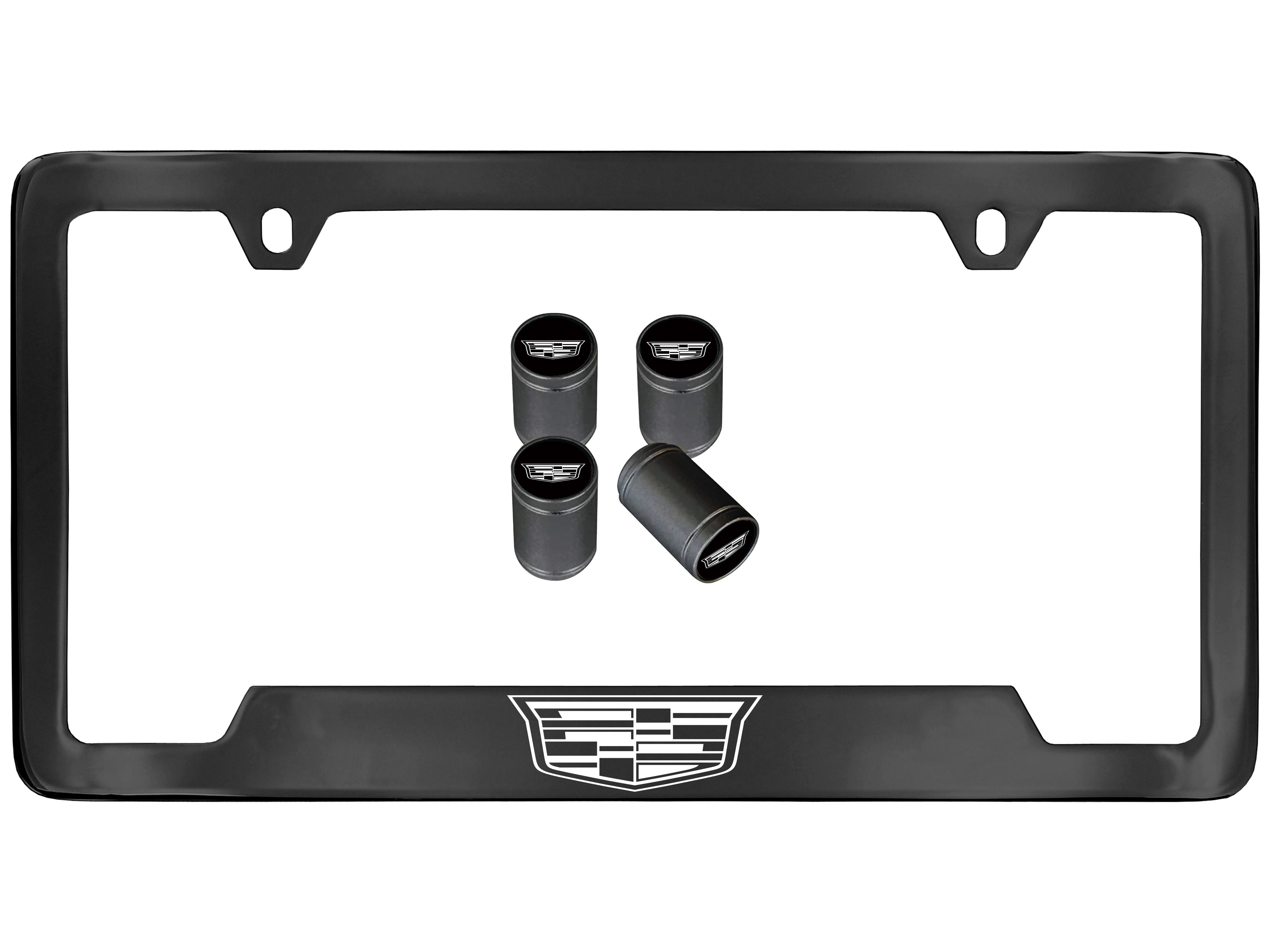 License Plate Frame in Black with Cadillac Logo and Valve Stem Caps by Baron & Baron - Associated Accessories