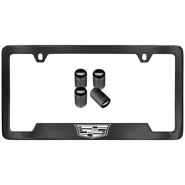 License Plate Frame in Black with Cadillac Logo and Valve Stem Caps by Baron & Baron - Associated Accessories