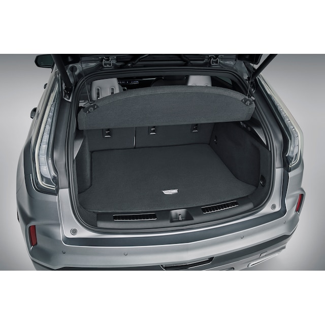 Premium Carpeted Cargo Area Mat in Jet Black with Cadillac Logo