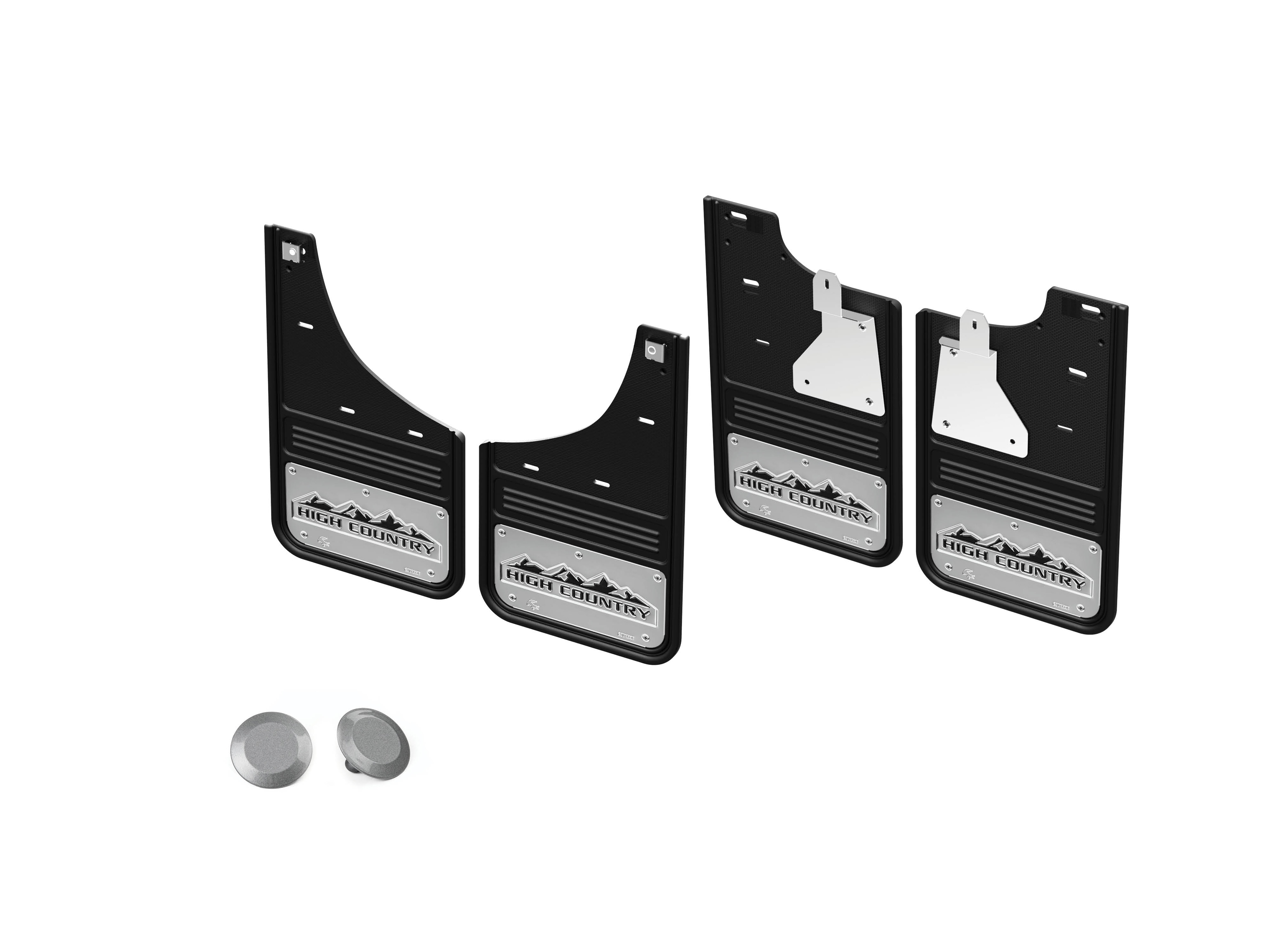 Front and Rear Rubber No-Drill Gatorback Mud Flap Kit with Black High Country Logo and Fender Plugs in Sterling Gray Metallic by Truck Hardware - Associated Accessories