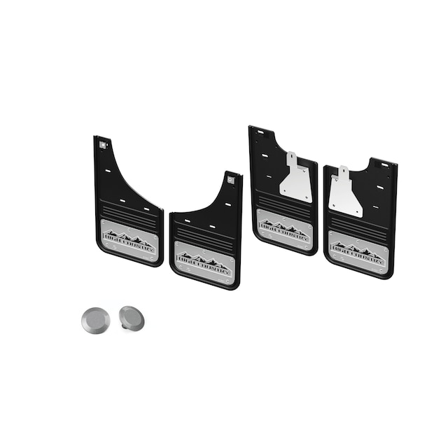 Front and Rear Rubber No-Drill Gatorback Mud Flap Kit with Black High Country Logo and Fender Plugs in Sterling Gray Metallic by Truck Hardware - Associated Accessories