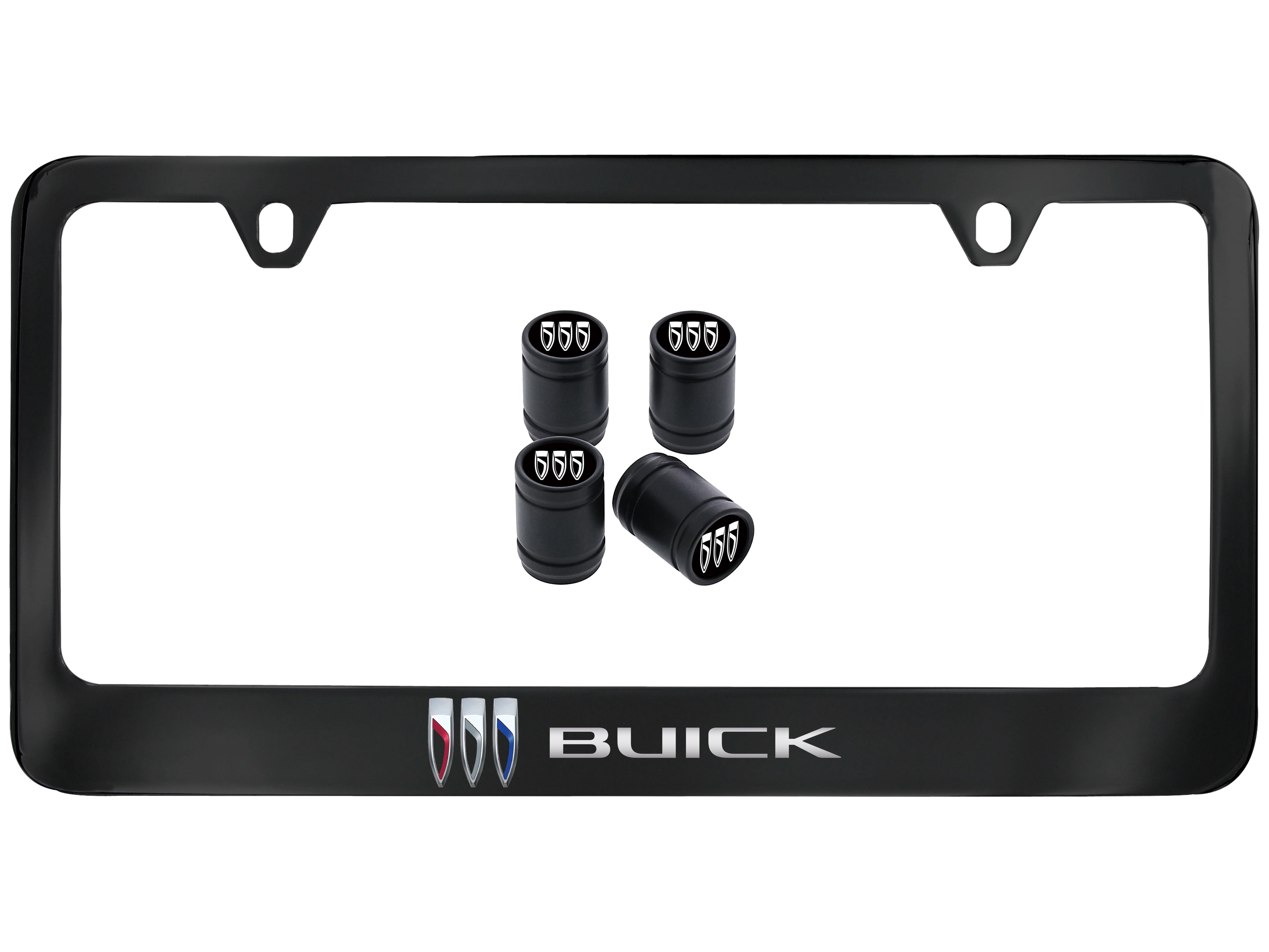 Wide Bottom License Plate Frame in Black with Buick Tri-Shield and Script and Valve Stem Caps by Baron & Baron® - Associated Accessories