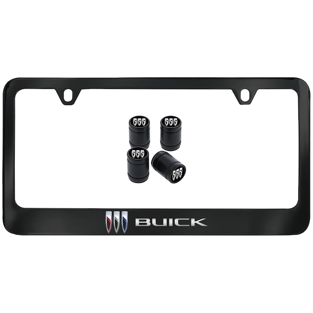 Wide Bottom License Plate Frame in Black with Buick Tri-Shield and Script and Valve Stem Caps by Baron & Baron® - Associated Accessories