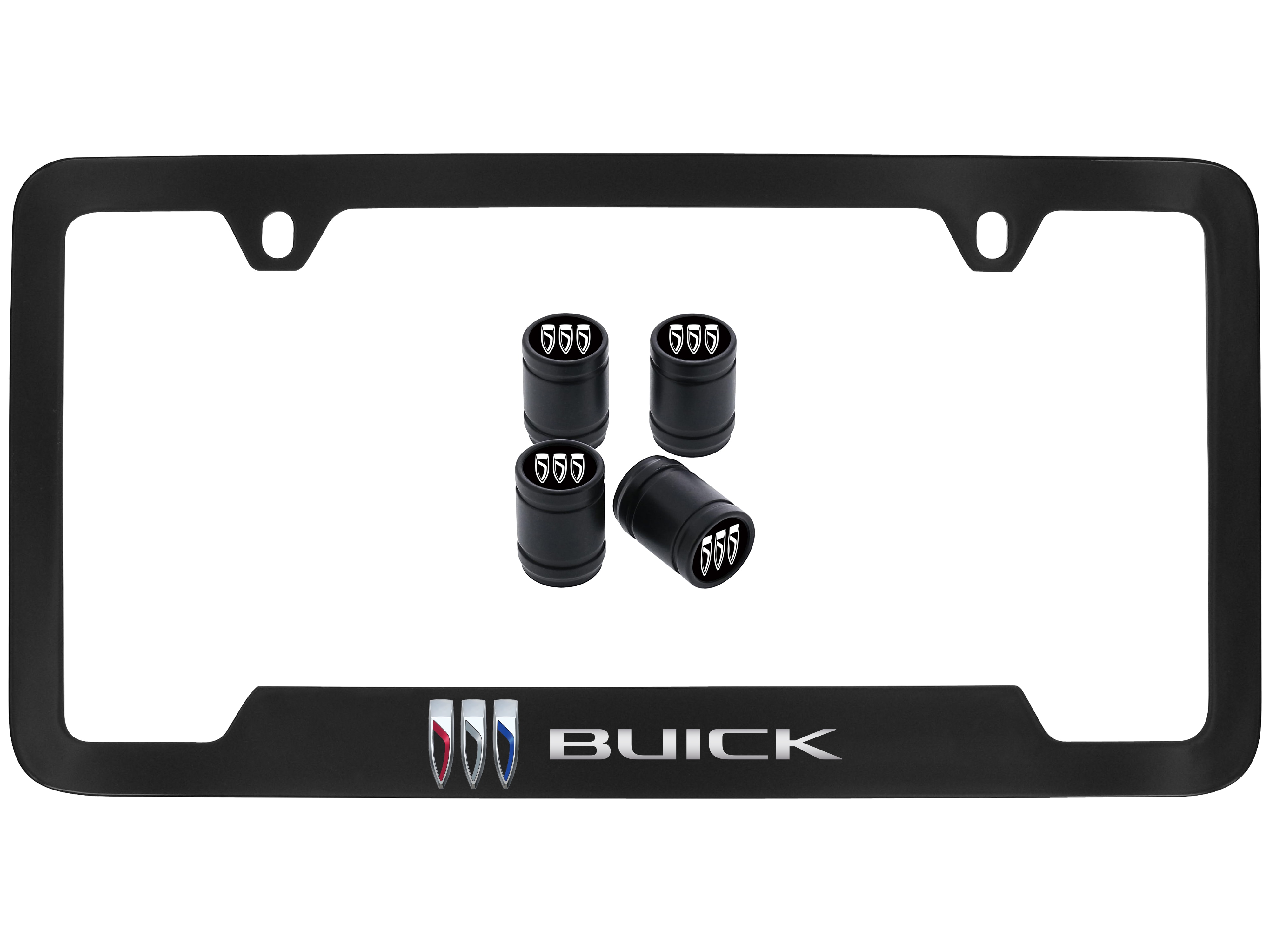 License Plate Frame in Black with Buick Tri-Shield and Script and Valve Stem Caps by Baron & Baron® - Associated Accessories