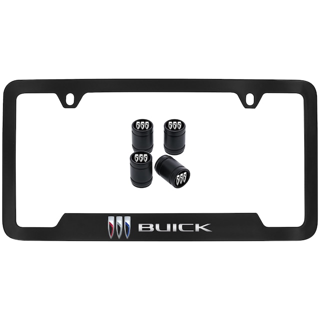 License Plate Frame in Black with Buick Tri-Shield and Script and Valve Stem Caps by Baron & Baron® - Associated Accessories