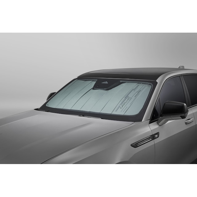 Front Reflective Windshield Sunshade Package in Gray with Dark Cadillac Script