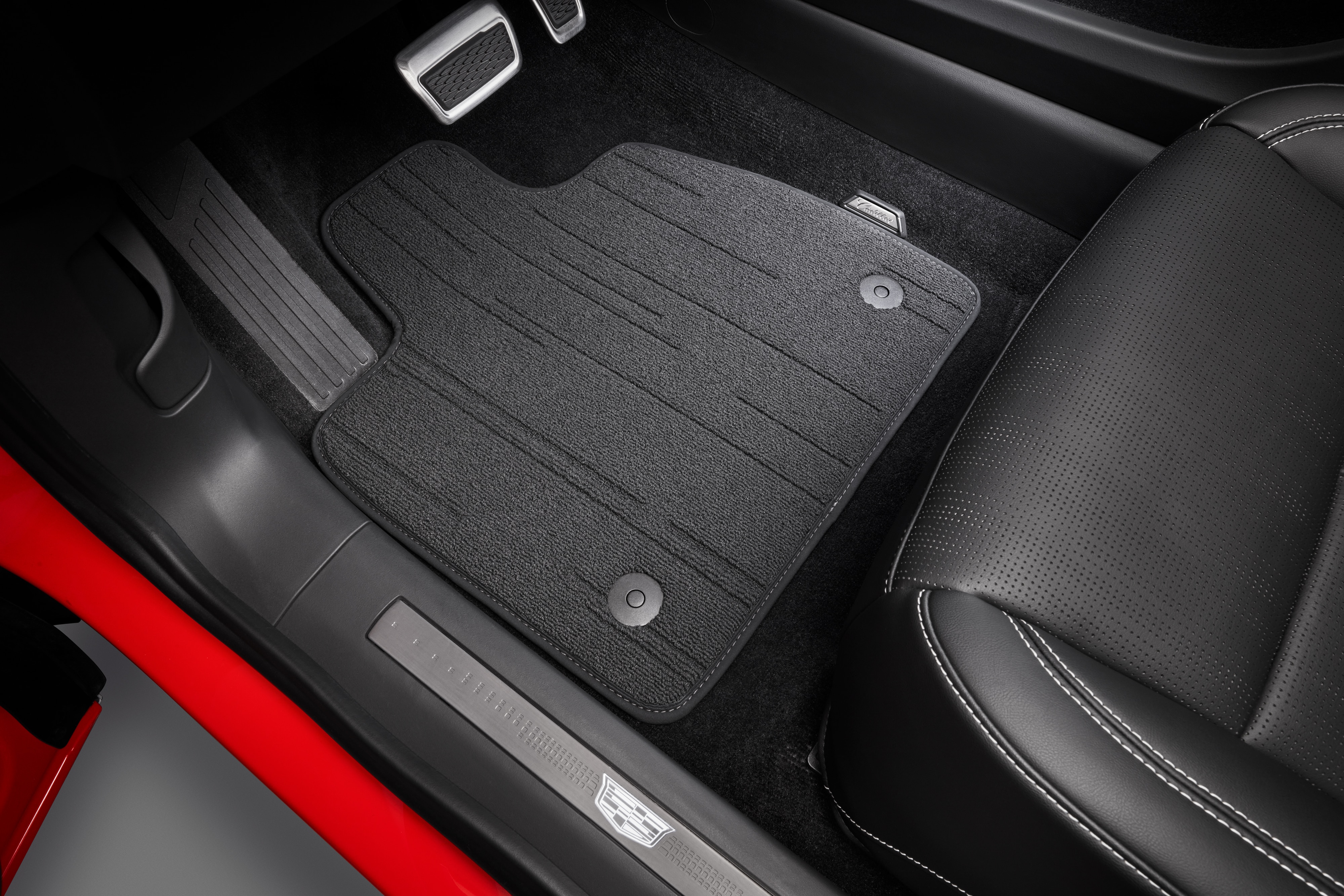 First- and Second-Row Carpeted Floor Mats in Backen Black with Cadillac Script
