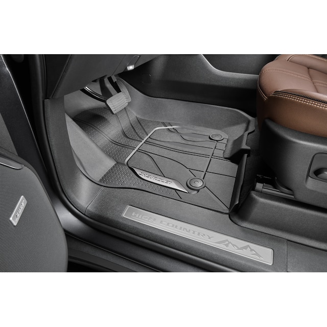 First-Row Premium All-Weather Floor Liners in Jet Black with Chrome Chevrolet Script