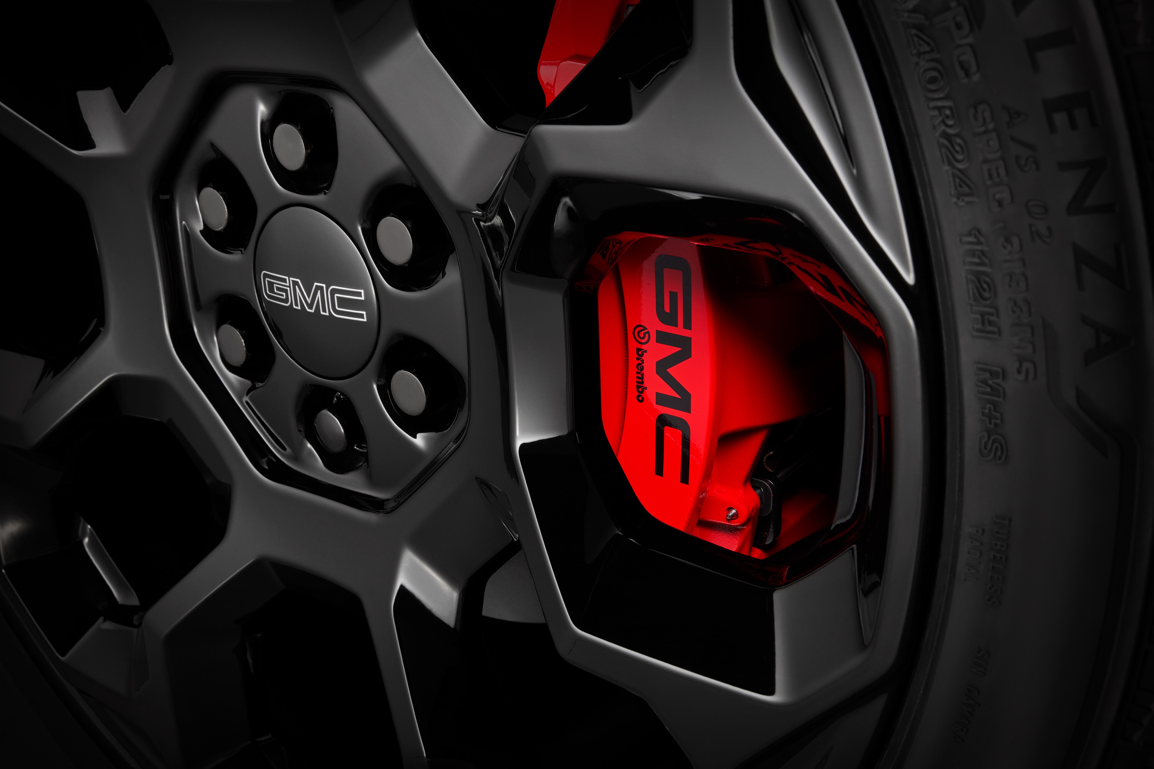 Front 6-Piston Brembo Brake Upgrade System in Torch Red with GMC Logo