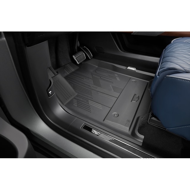 First-, Second- and Third-Row Premium All-Weather Floor Liners in Jet Black with Cadillac Logo (for Models with Second-Row Captain's Chairs)