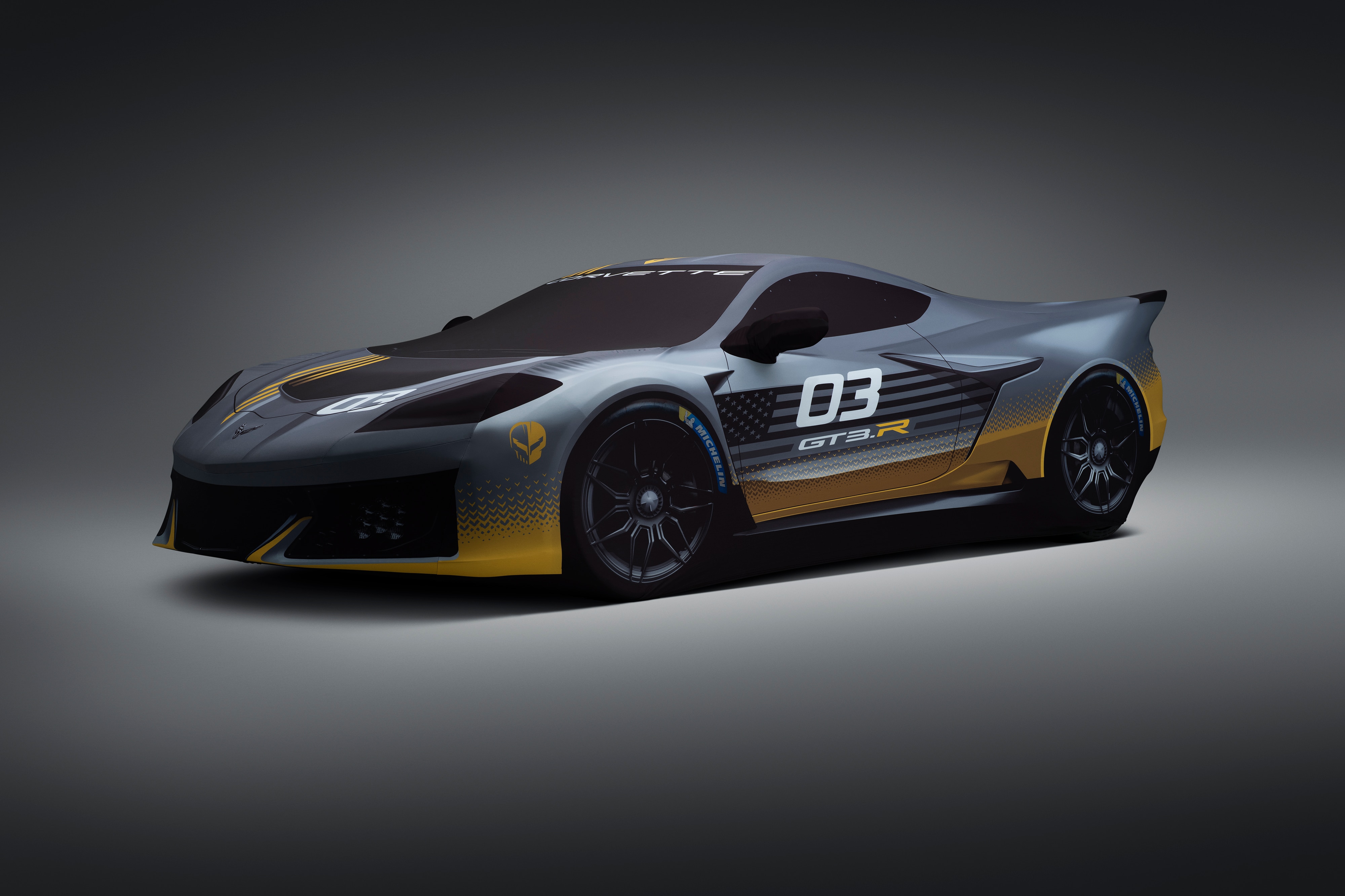 Premium Indoor Car Cover with Fully Rendered Corvette GT3.R (for Models with High Wing Spoiler)