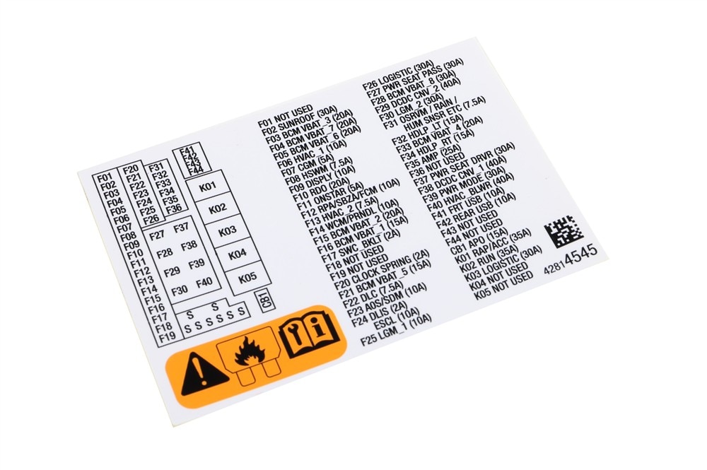 GM Genuine Parts Instrument Panel Wiring Harness Fuse Block Identification Label