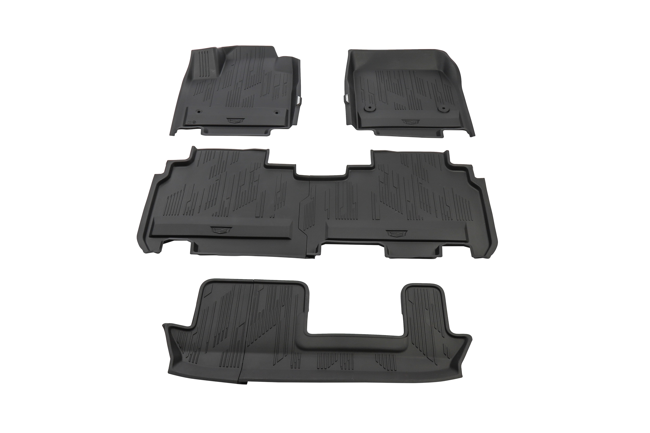 First-, Second- and Third-Row Premium All-Weather Floor Liners in Jet Black with Cadillac Logo (for Models with Second-Row Bench Seat)