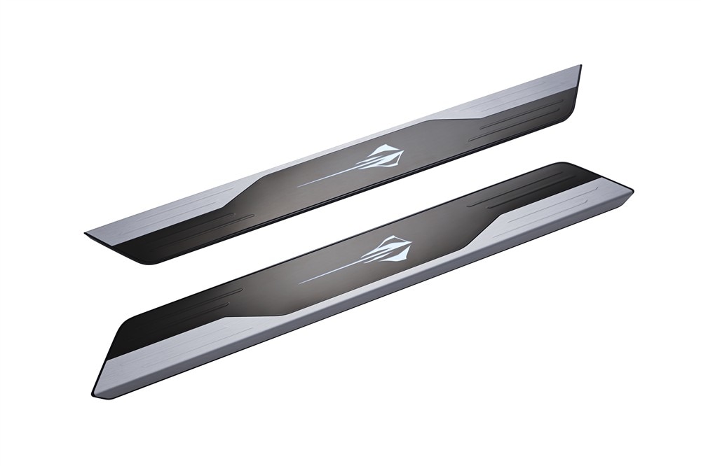 GM Genuine Parts Illuminated Front Door Sill Plates in Brushed Aluminum with Stingray Logo