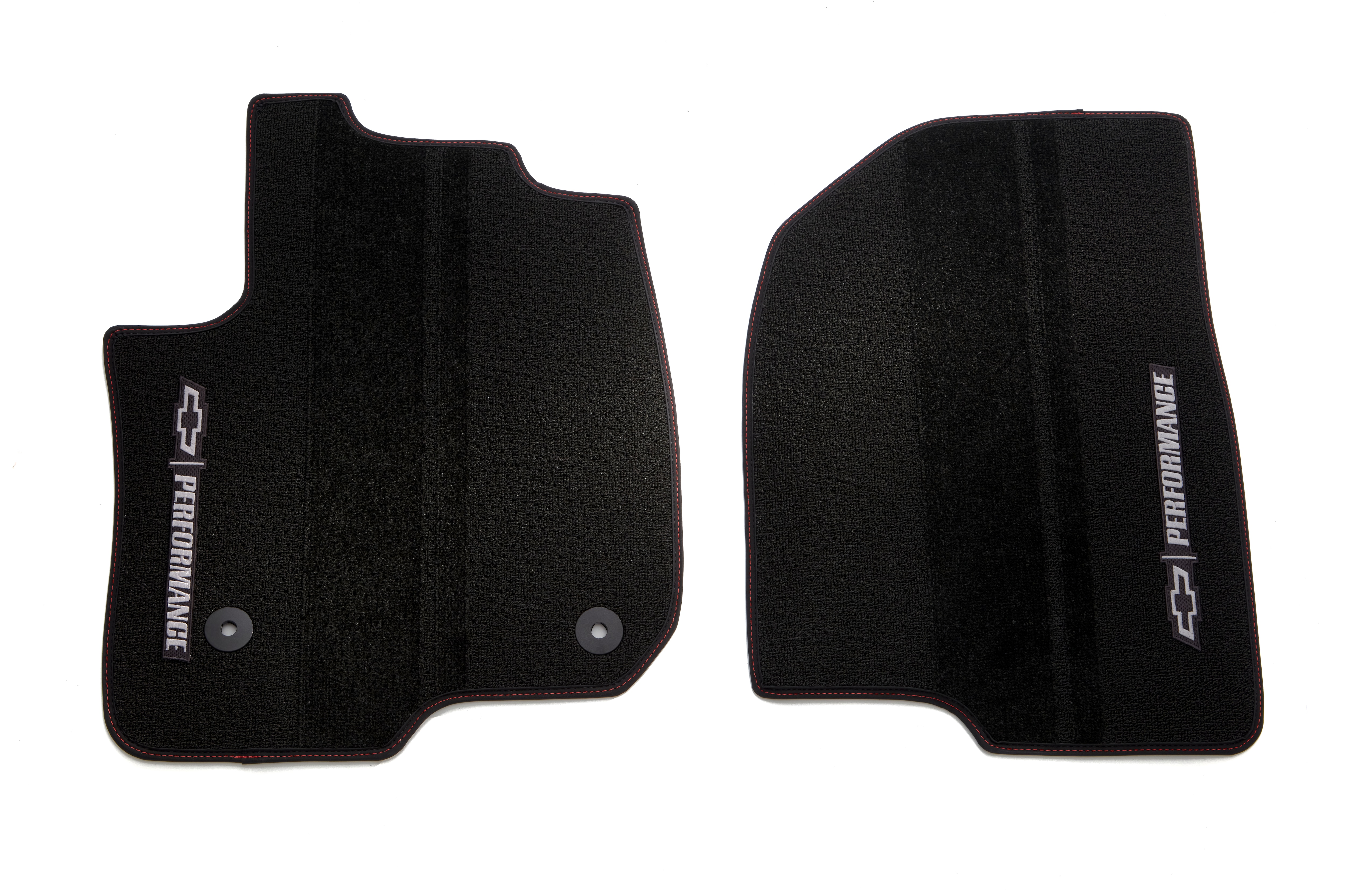 Regular Cab First-Row Premium Carpeted Floor Mats in Jet Black with Red Stitching, Bowtie Logo and Chevrolet Performance Script