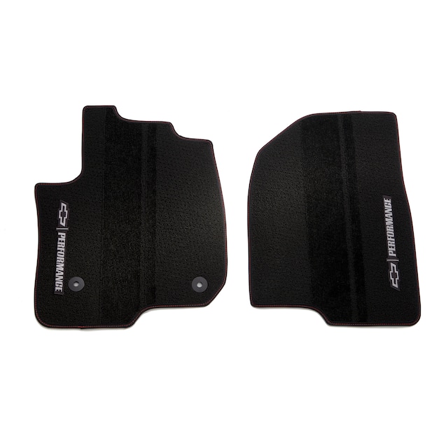 Regular Cab First-Row Premium Carpeted Floor Mats in Jet Black with Red Stitching, Bowtie Logo and Chevrolet Performance Script
